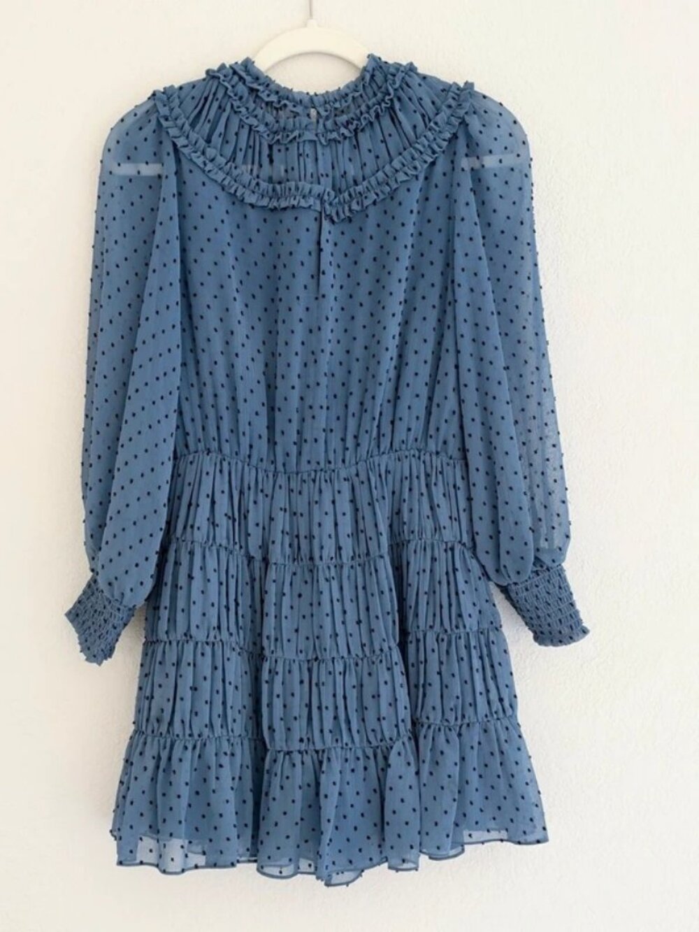 Sandro Paris Blue Sheer Polka Dot Ruffle Mini Dress | Size 32